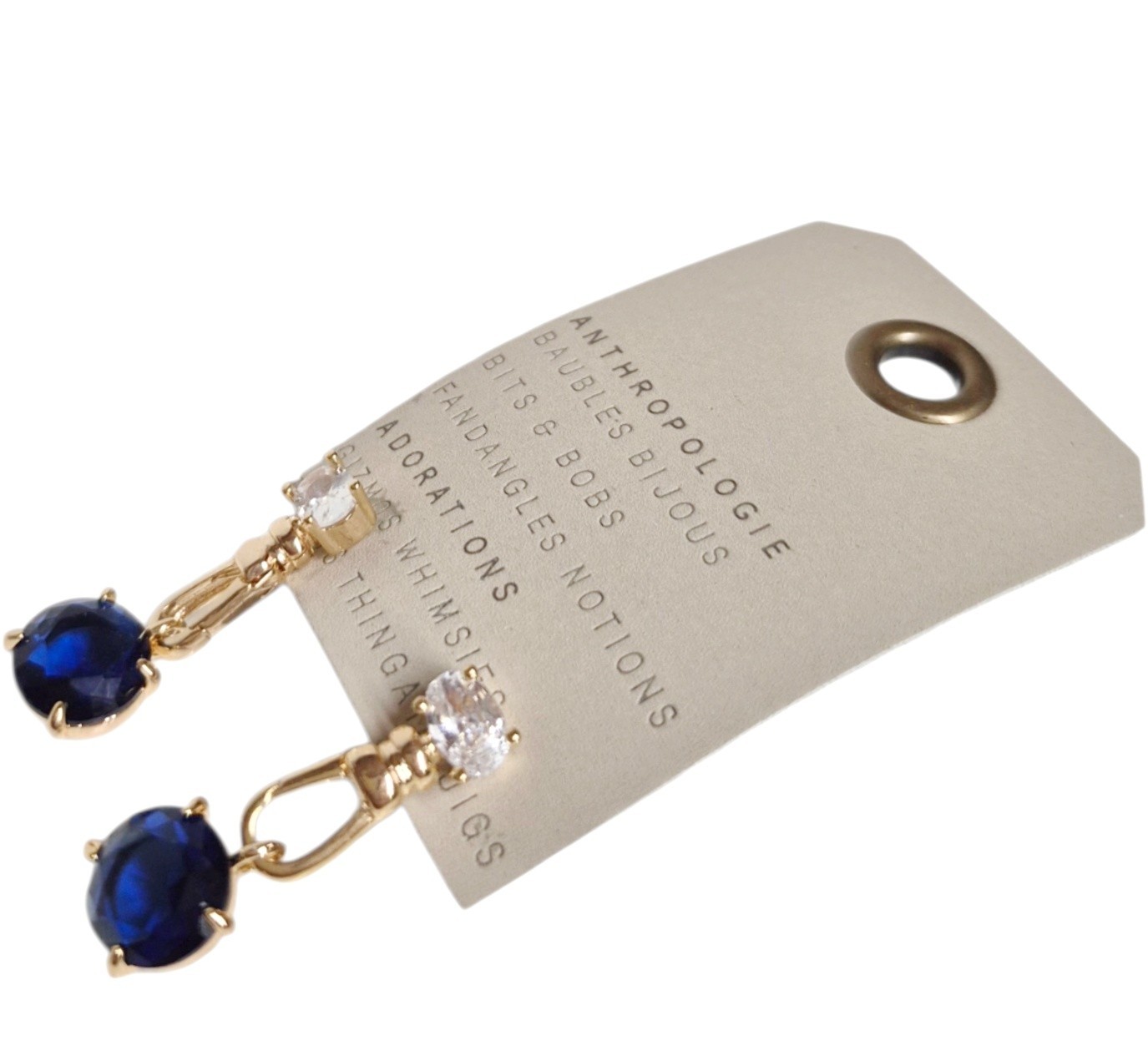 Anthropologie Crystal Clasp Drop Earrings Sapphire Blue 14k Gold Plate Brass NWT
