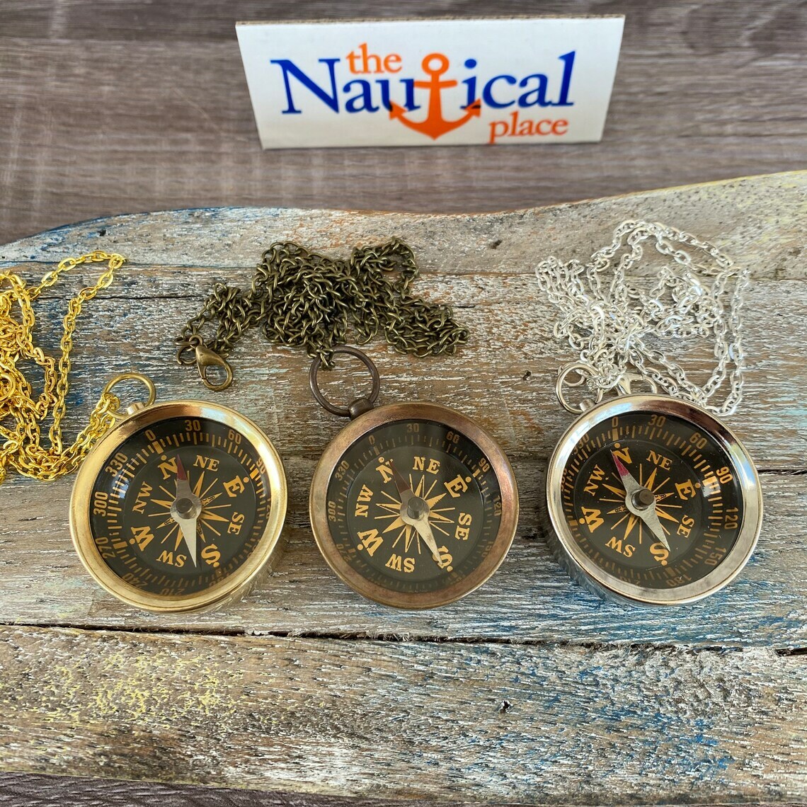 Brass Pocket Compass w/ Optional 27″ Chain & Bag – Gold, Silver, Antique Finish