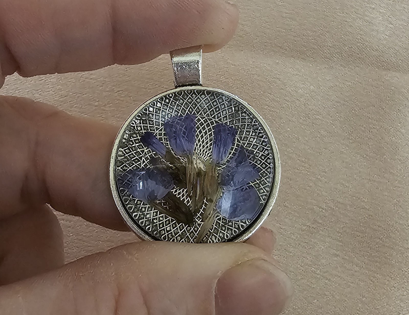Real Purple Flower Resin Pendant Pressed Botanical on Silver Lattice Filigree