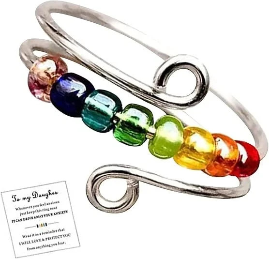 Adjustable Beaded Ring Gold Silver Tone Spinner Fidget Anxiety Stress Relief