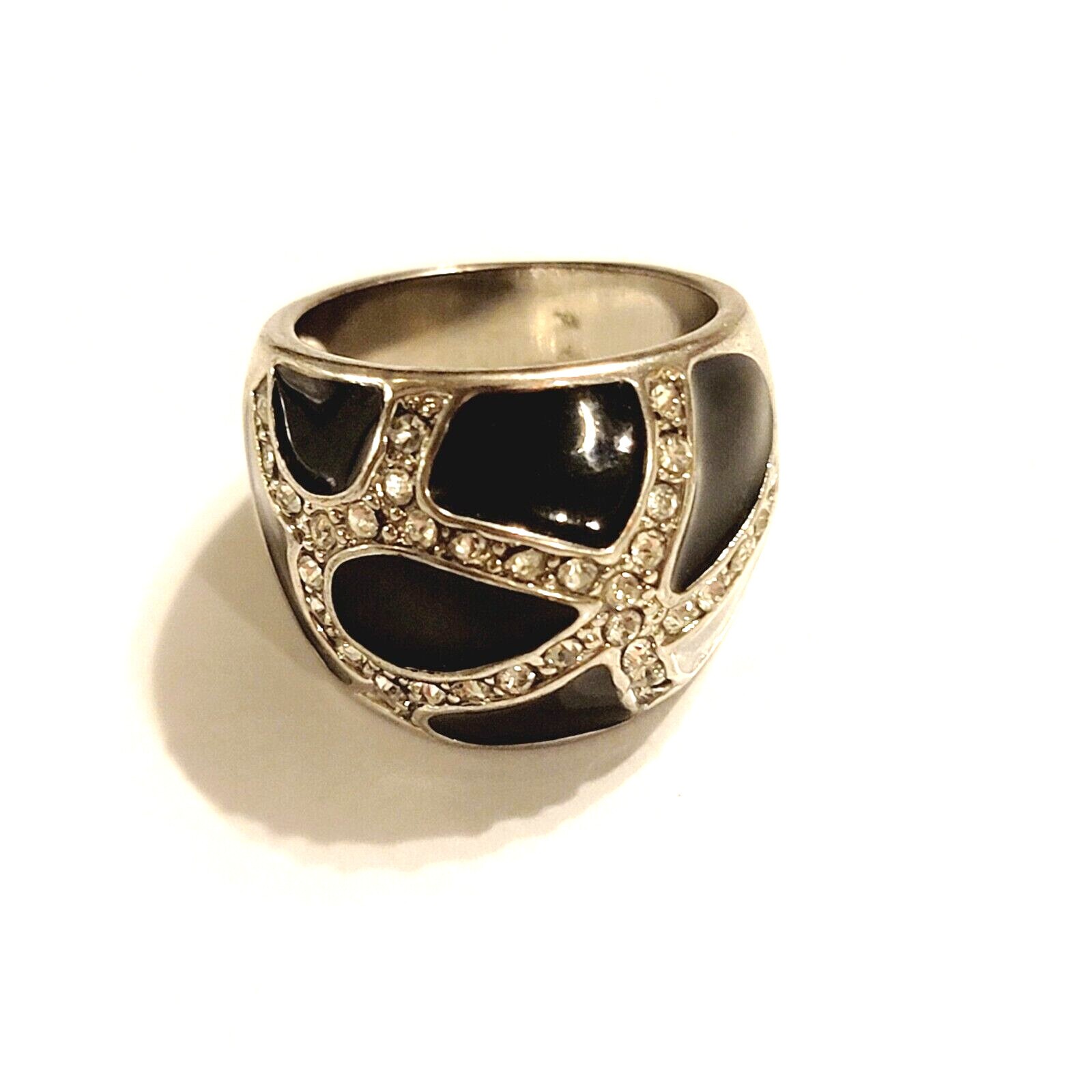 Modernist Black Enamel Rhinestone Ring Size 6.5 Contemporary Jewelry r-38