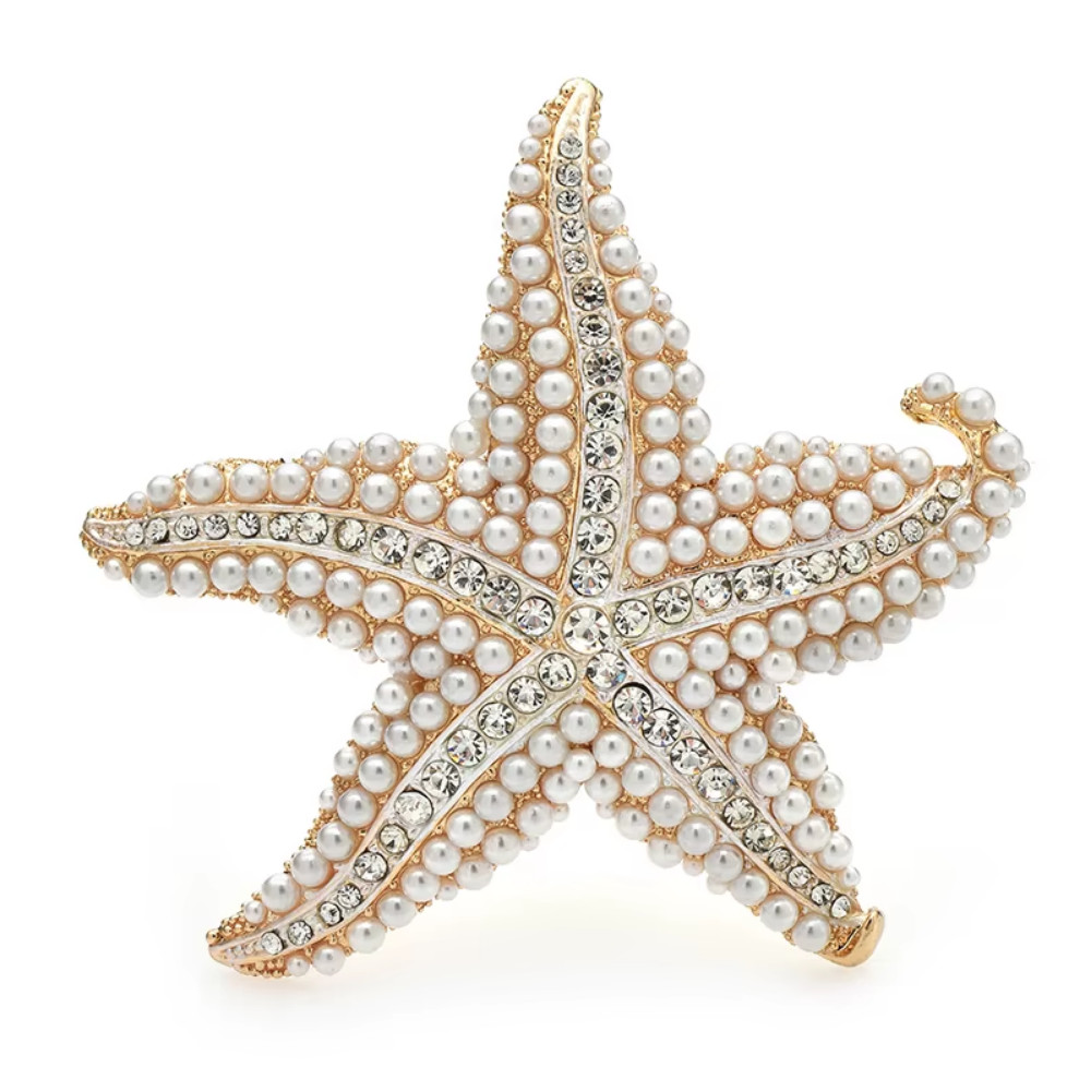 Crystal Rhinestone Starfish Brooch Pin Gold Ocean Nautical Summer Jewelry Gift
