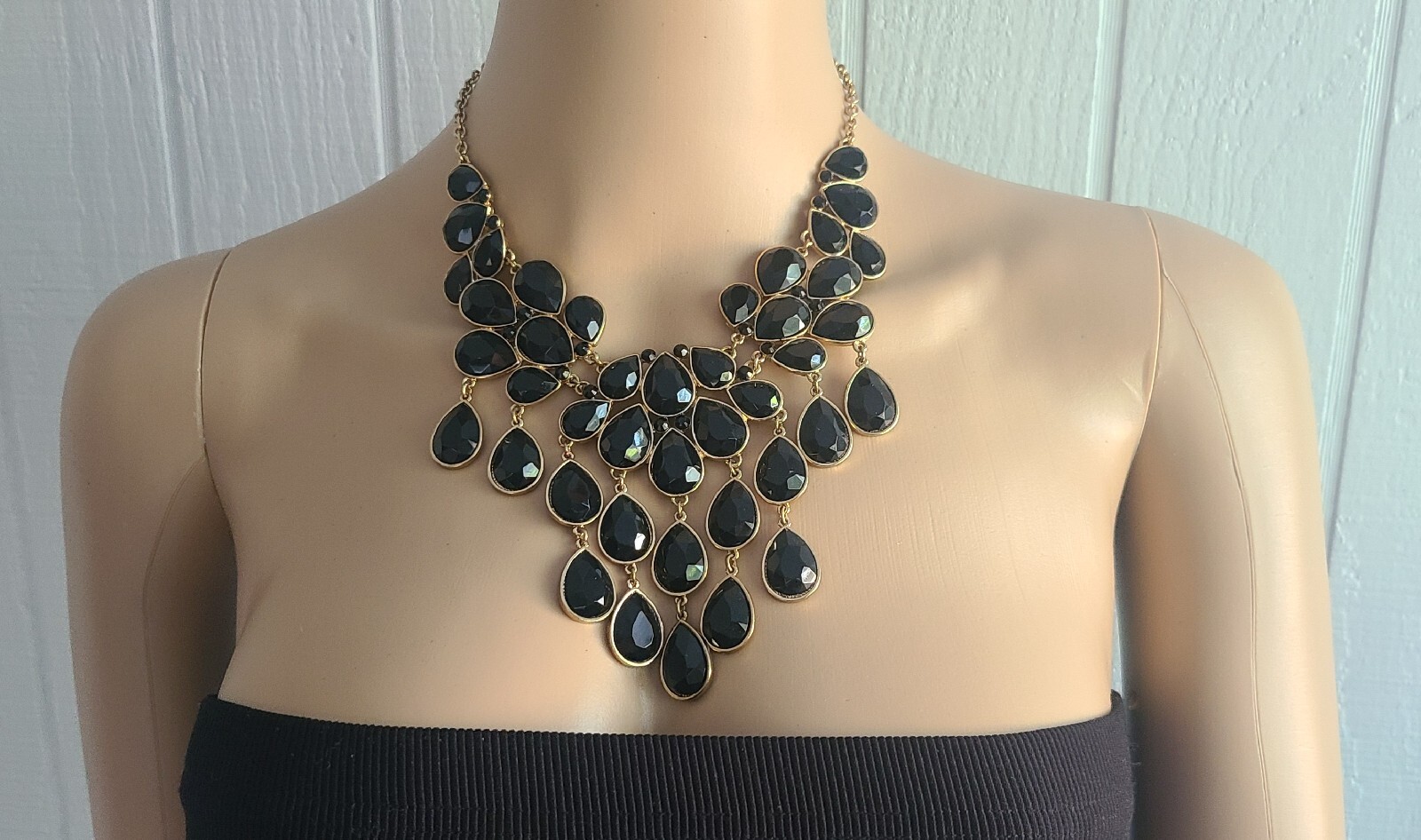 Lot of 2 Necklaces Gold Tone Statement Bib Chain Black Yellow Gray