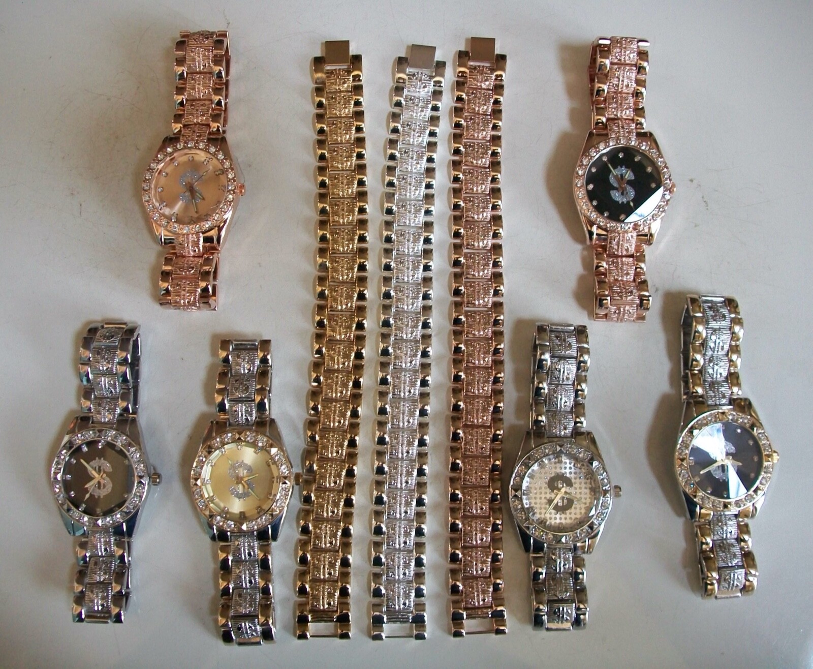 Men’s silver, gold, rose gold finish $ sign casual hip hop watch or bracelet