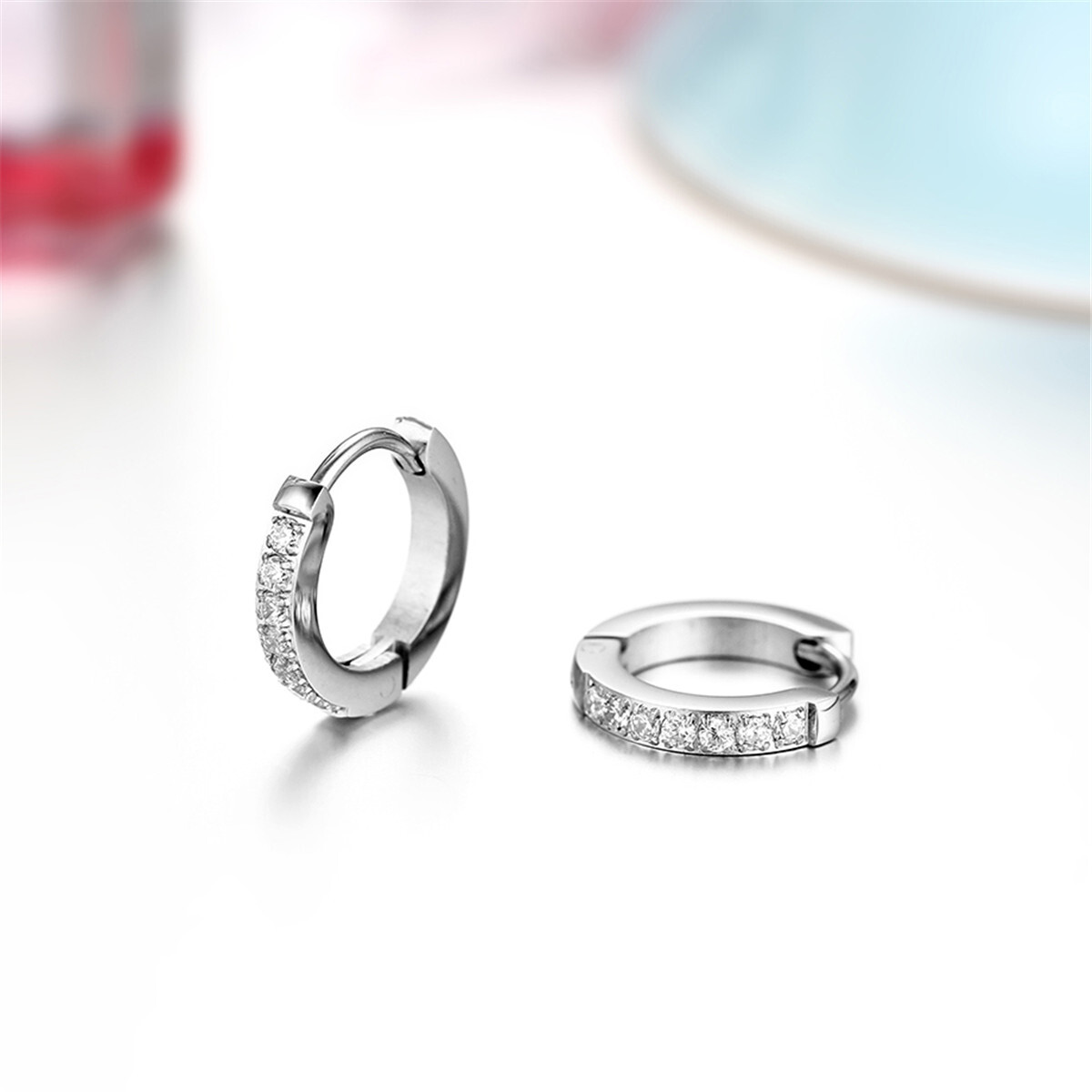 2pcs Men’s Women’s Stainless Steel CZ Inlaid Small Huggie Hinged Hoop Earrings