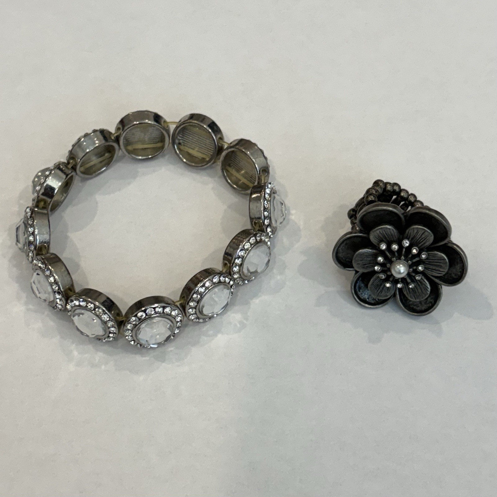 Vintage Silver Tone Rhinestone Stretch Bracelet + Flower Pearl Stretch Ring