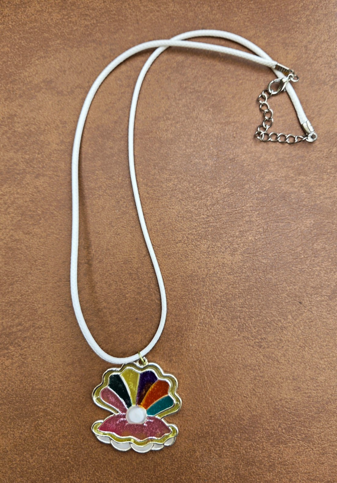 Homemade Silver Tone White Cord Necklace w/ Multicolor Enamel Charm,