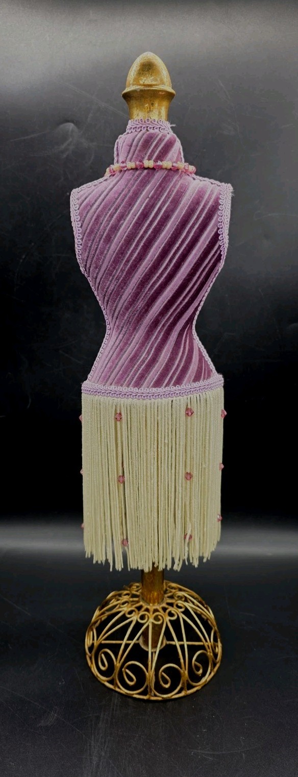 Vntg Flapper Style Table Top Bust Form Purple Velvet Fringe Mannequin 18¼”