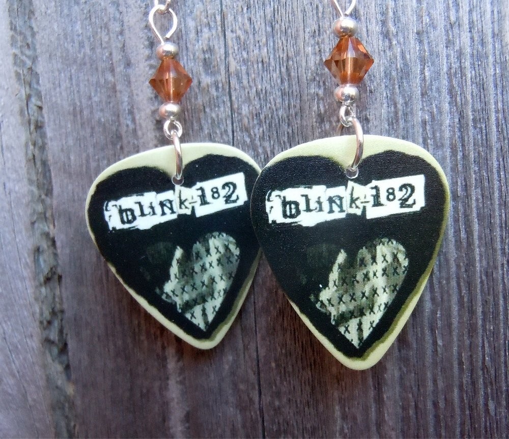 Blink 182 I Miss You Guitar Pick Earrings with Brown Swarovski Crystals