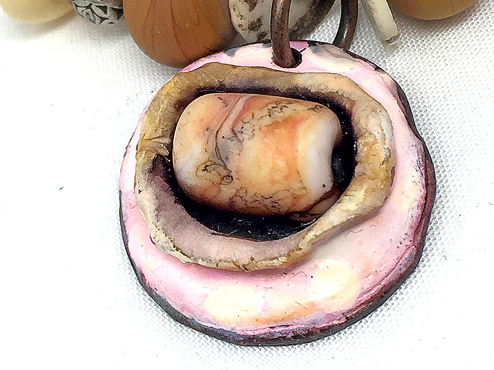 Rustic leather cord necklace BoHo Lampwork beads shell & bone beads