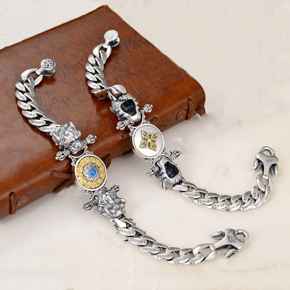 Pure S925 Sterling Silver Chain 11mm Double Pixiu Curb Link Bracelet 7.1-8.7inch