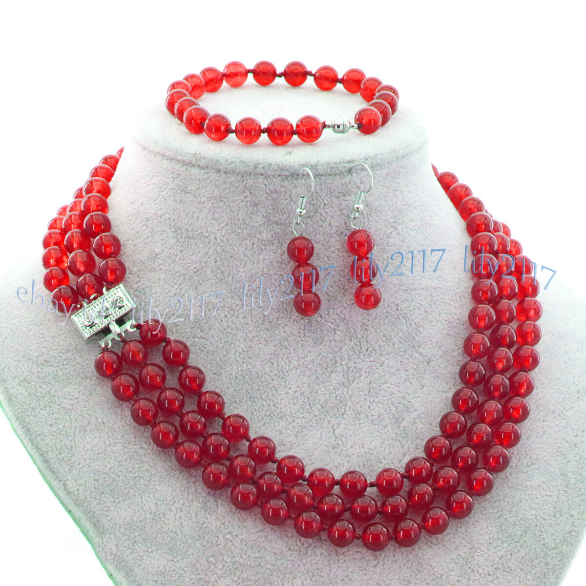3 Rows Natural Multicolor Jade Round Gems Necklace Bracelet Earrings Jewelry Set