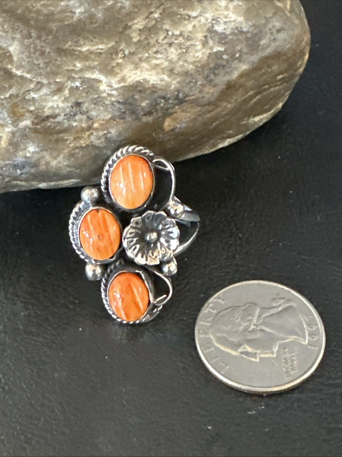 Orange Spiny Oyster Cluster Navajo Sterling Silver Ring Size 6.5 19185