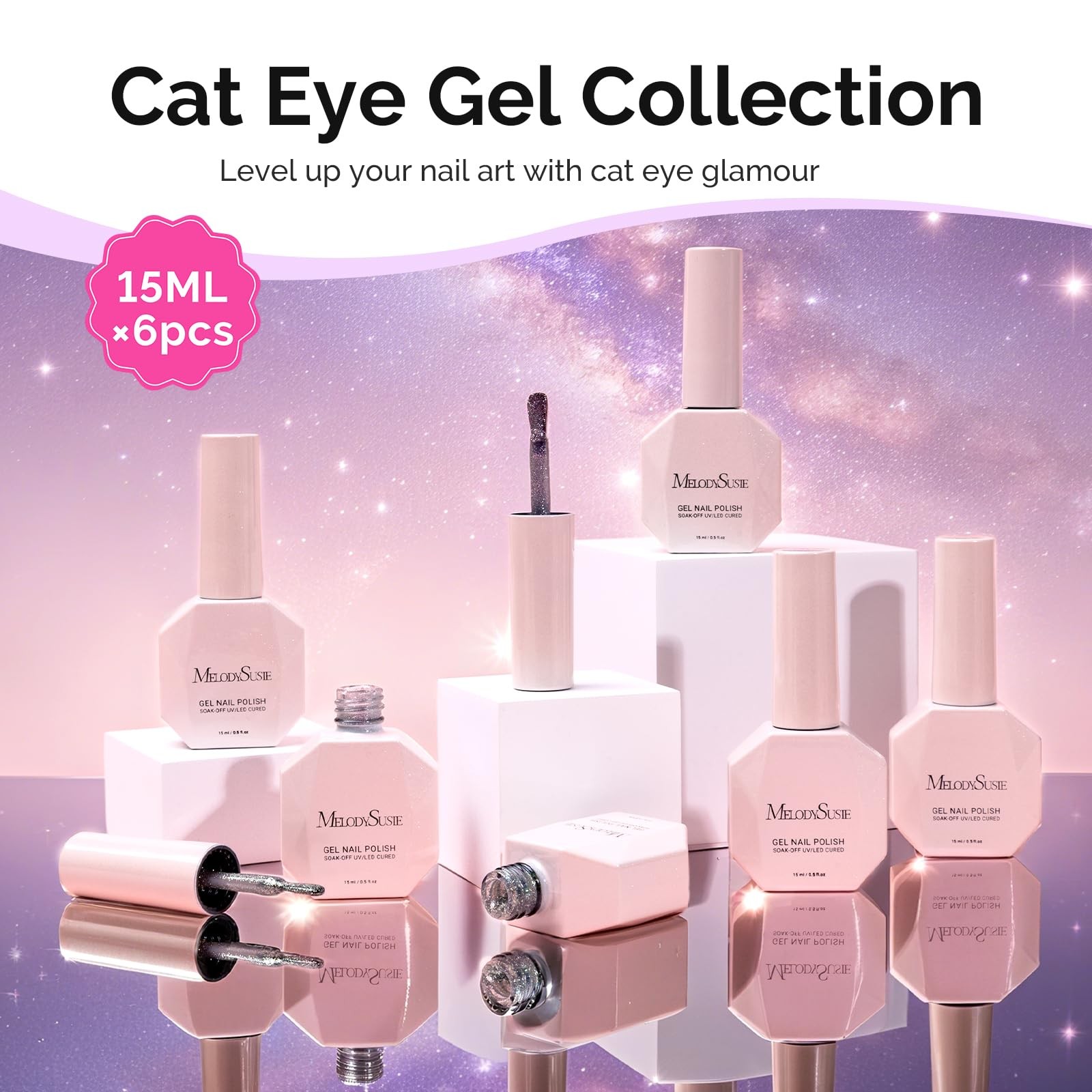 MelodySusie Chameleon Cat Eye Gel Nail Polish Set 6 PCS, 15ml Nude Pink