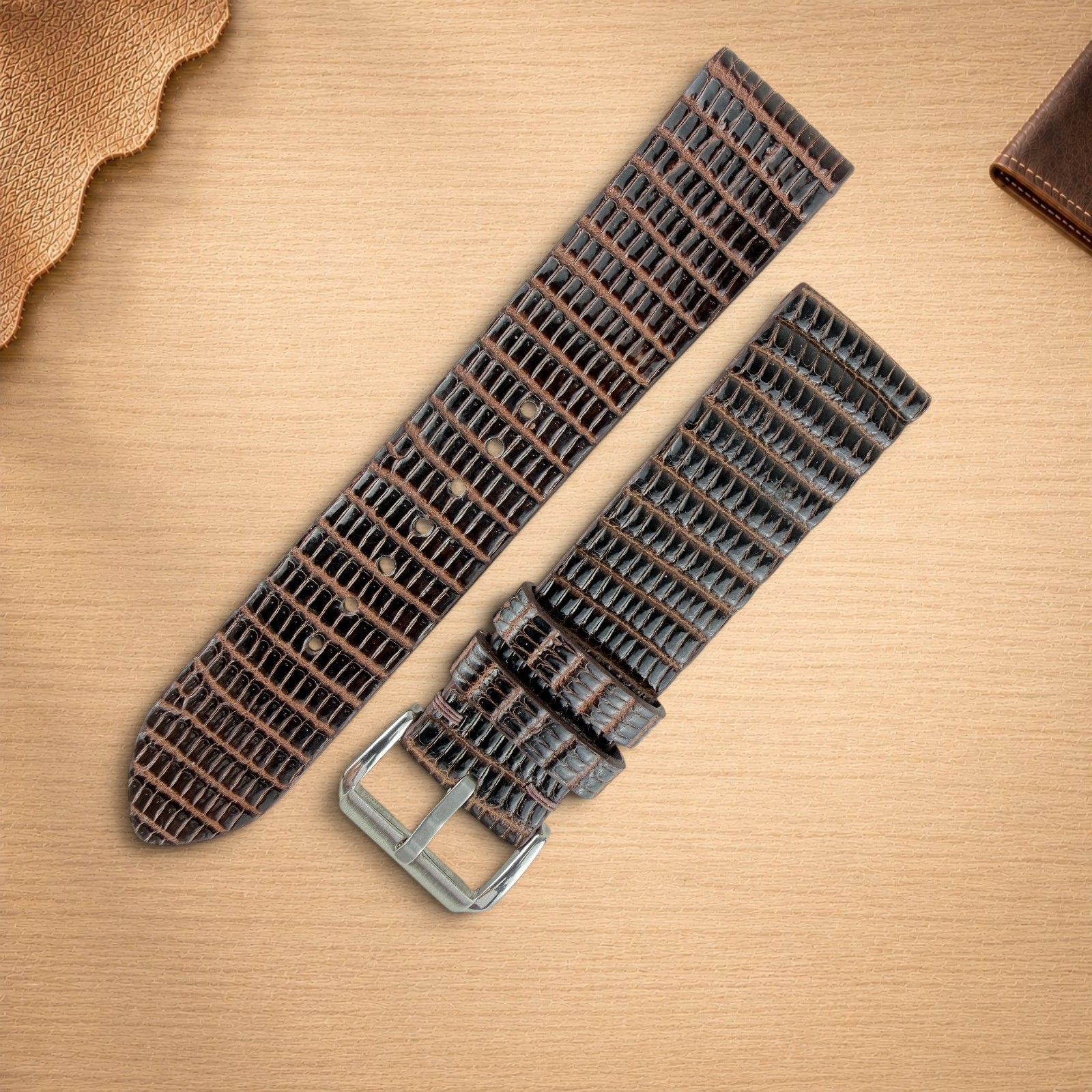 Genuine Lizard Leather Watch Band Strap 22mm Walnut Brown Mens 316L Buckle