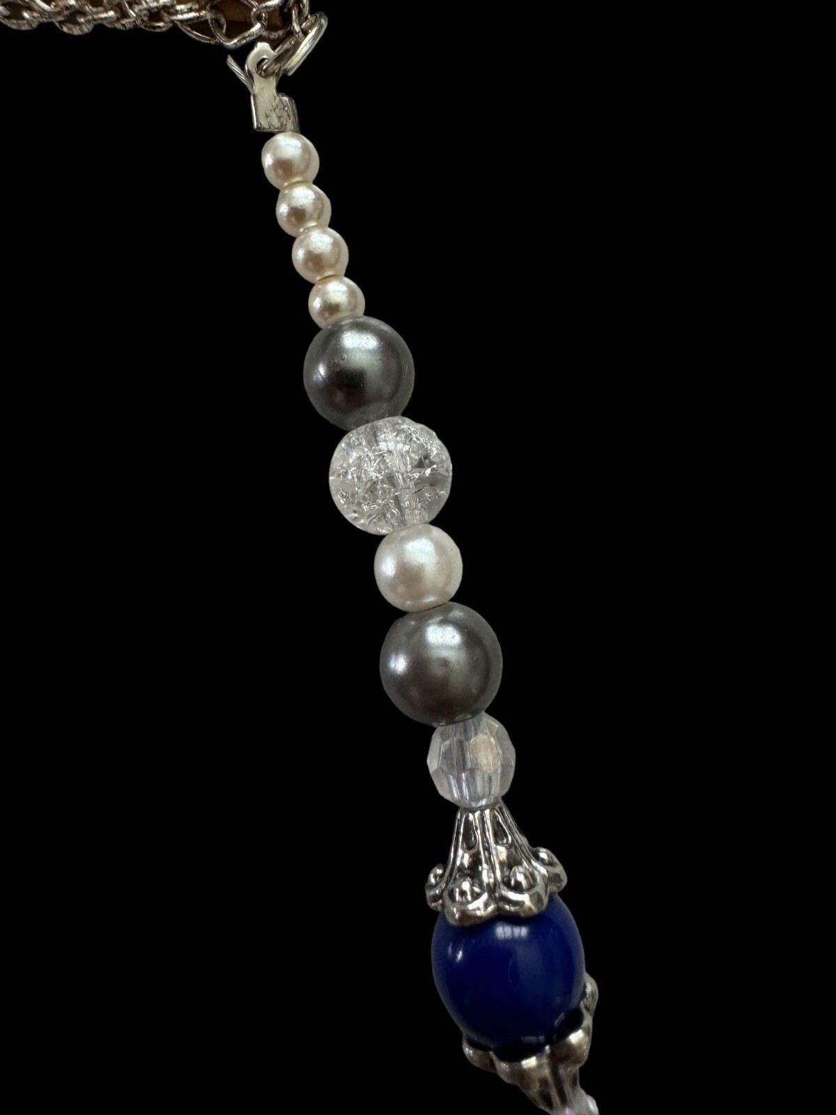 Handmade Beaded Blue White Silver Tone Necklace, Faux Sapphire Jar Pendant P4