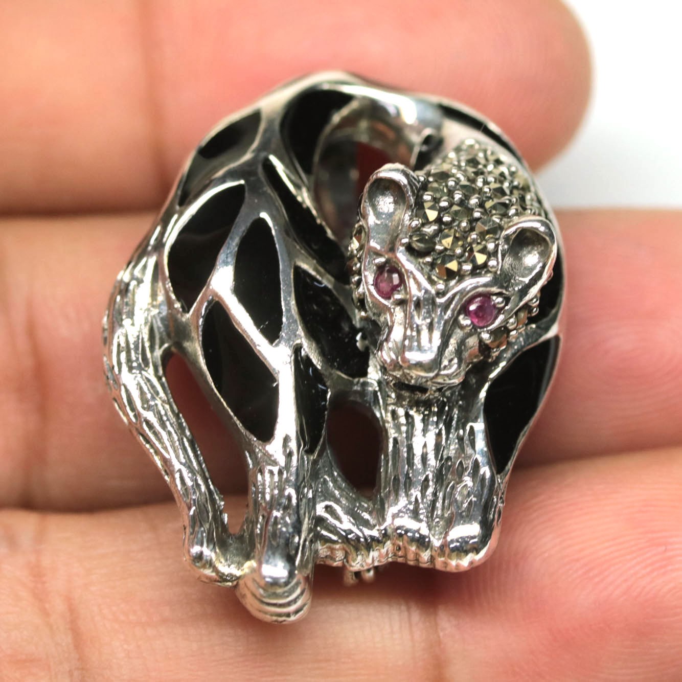 925 Sterling Silver Red Ruby, Black Silver Marcasite & Enamel Brooch/Pendant