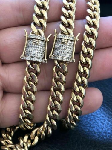 Gold Plated Miami Cuban Link Chain Bracelet Stainless CZ Steel Clasp 6mm-14mm