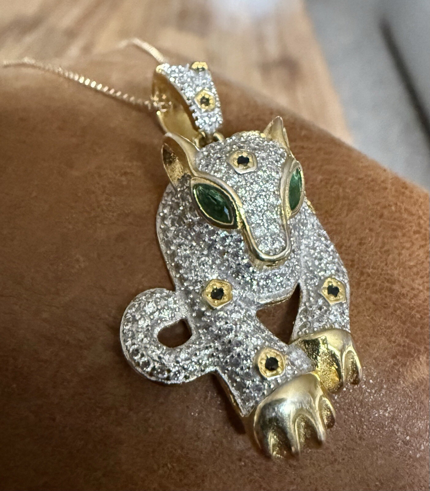 Cute Fuzion Creations Emerald Eyes Jaguar Pendant Gold Vermeil 925 Necklace 18″