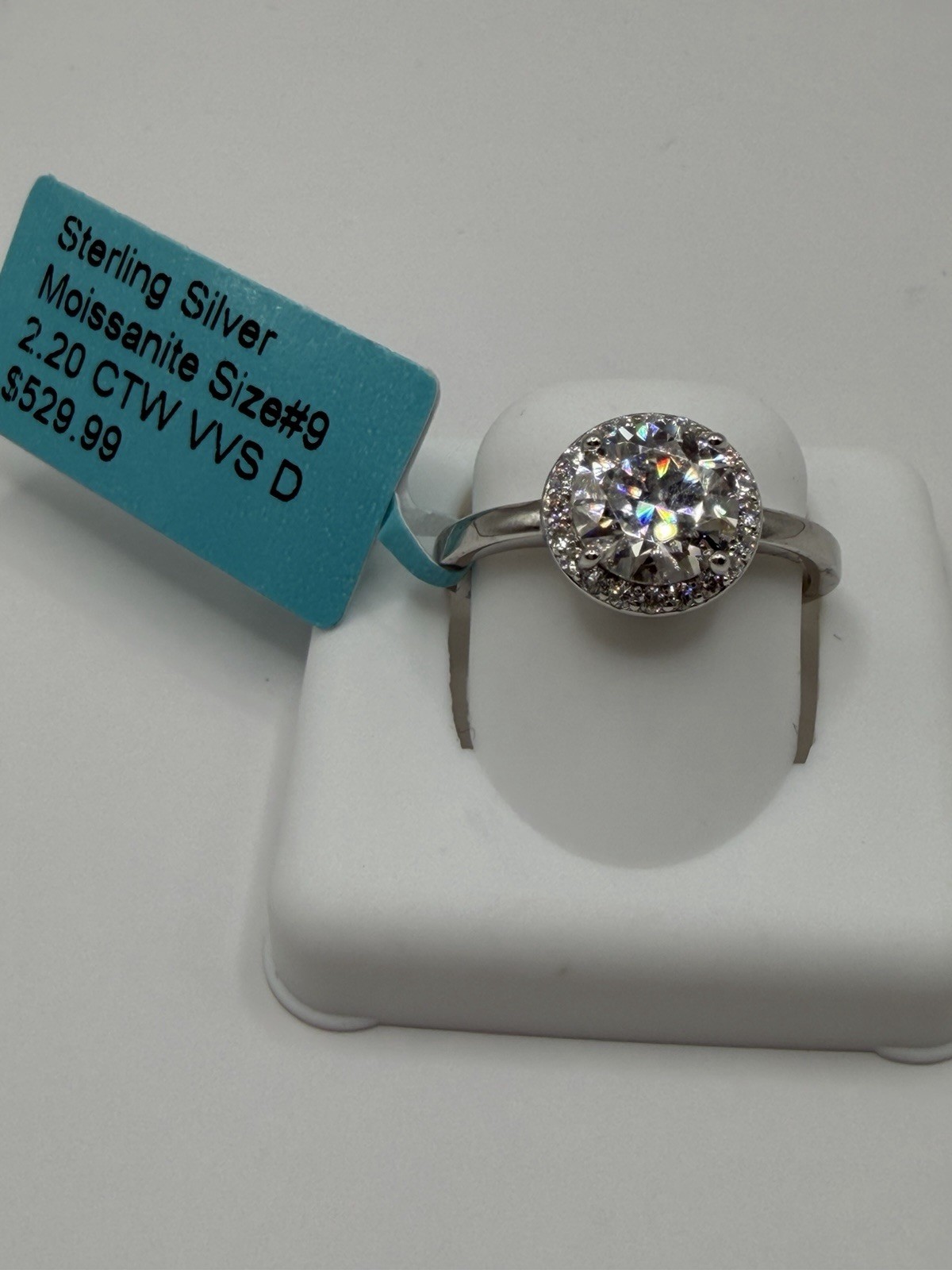 Stamped 925 Sterling Silver Moissanite Round Halo Solitaire Ring Size 9
