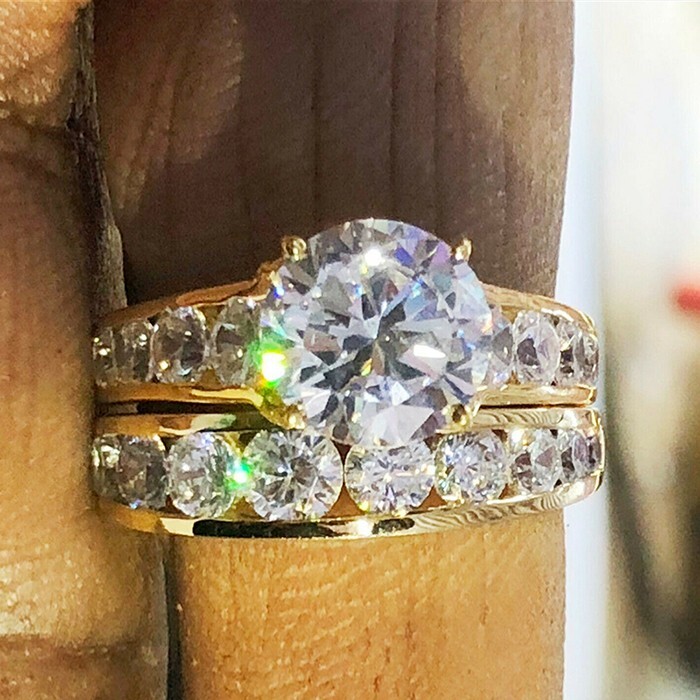18K Gold Plated Christmas Gifts Ring Set 2.1 Ct CZ Channel Set Wedding Ring