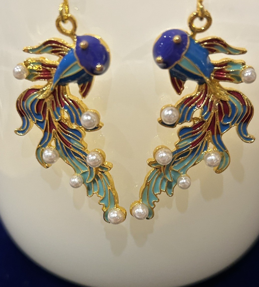 Colorful Enamel & Faux Pearl Goldtone Koi Fish Dangle Pierced Earrings, 2.5” New