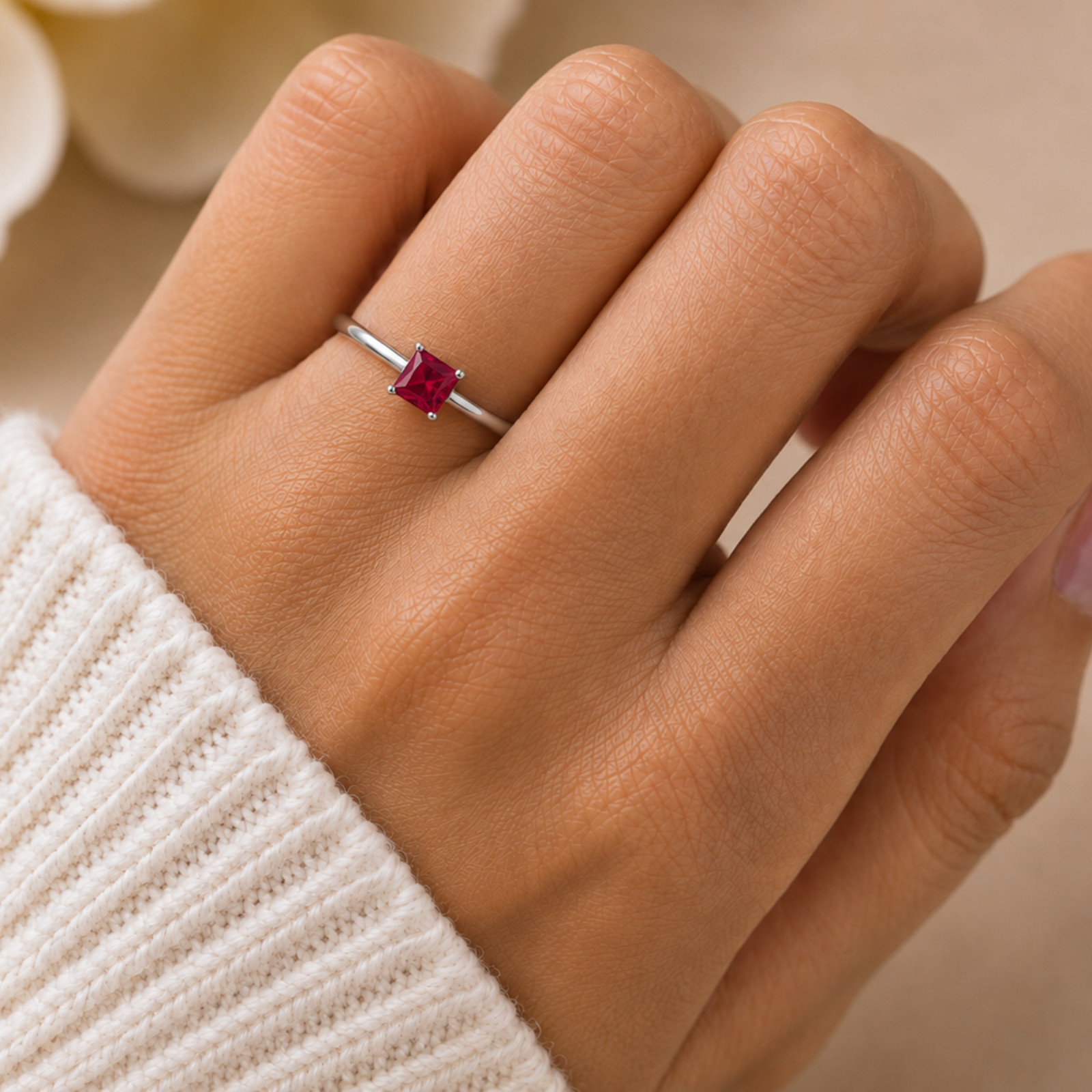 925 Sterling Silver Handmade Princess Cut Ruby Red Ring Minimalist Gift Her