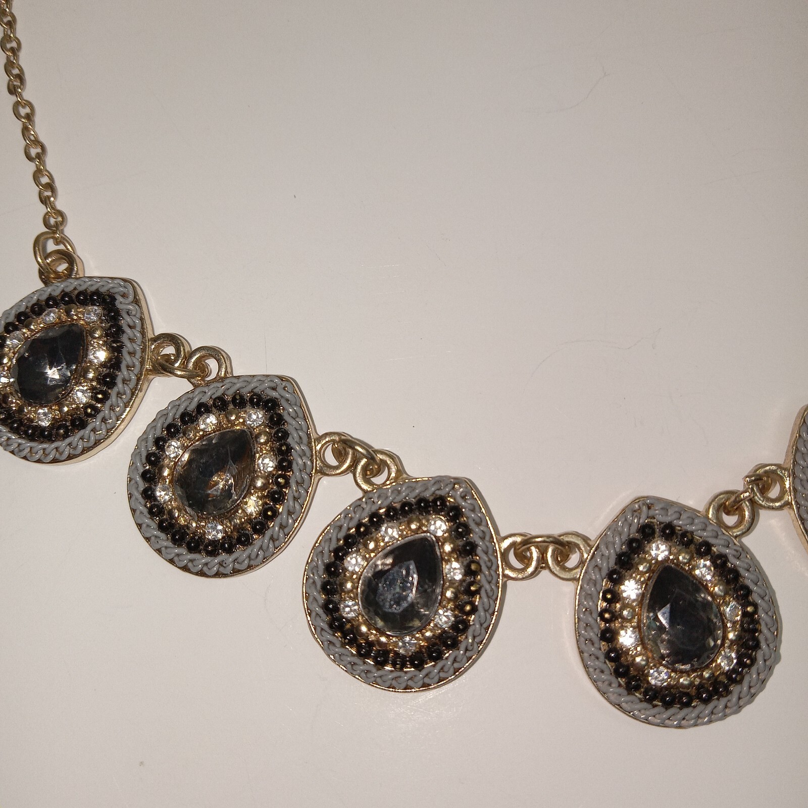 Gold Tone Jewelry Rhinestone Crystal Necklace Black Gray White Teardrops