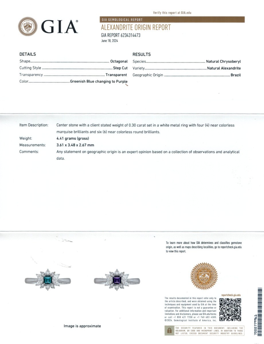 Untreated Alexandrite 0.30 cts in Platinum Ring w 0.31 cts Diamonds / GIA Report