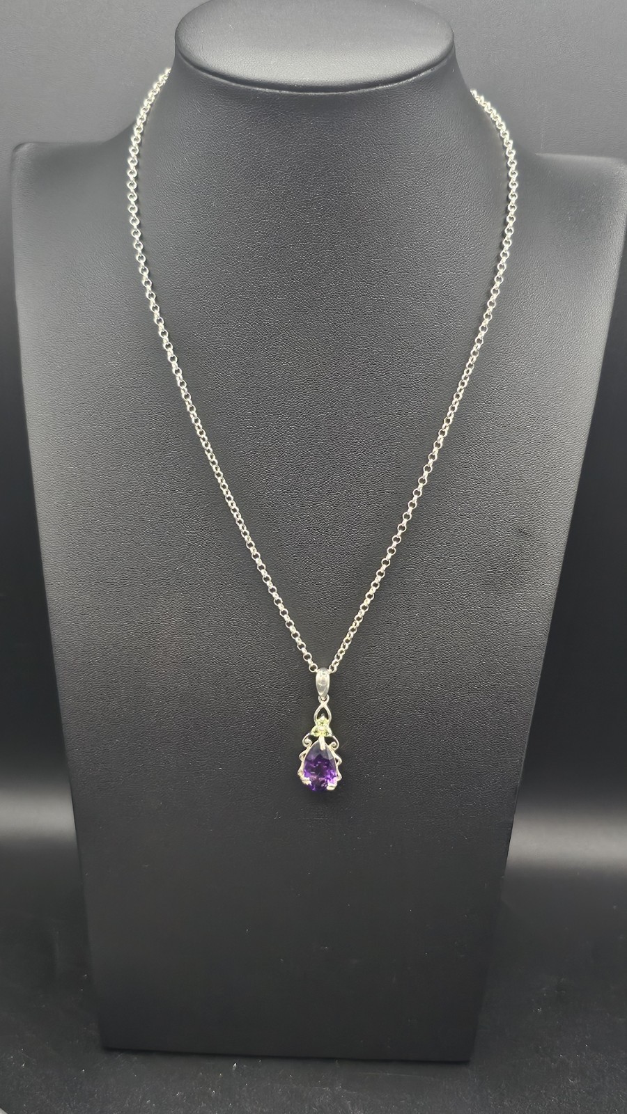 925 Sterling Silver Amethyst Peridot Necklace Pear Pendant 18in Chain 7.36g