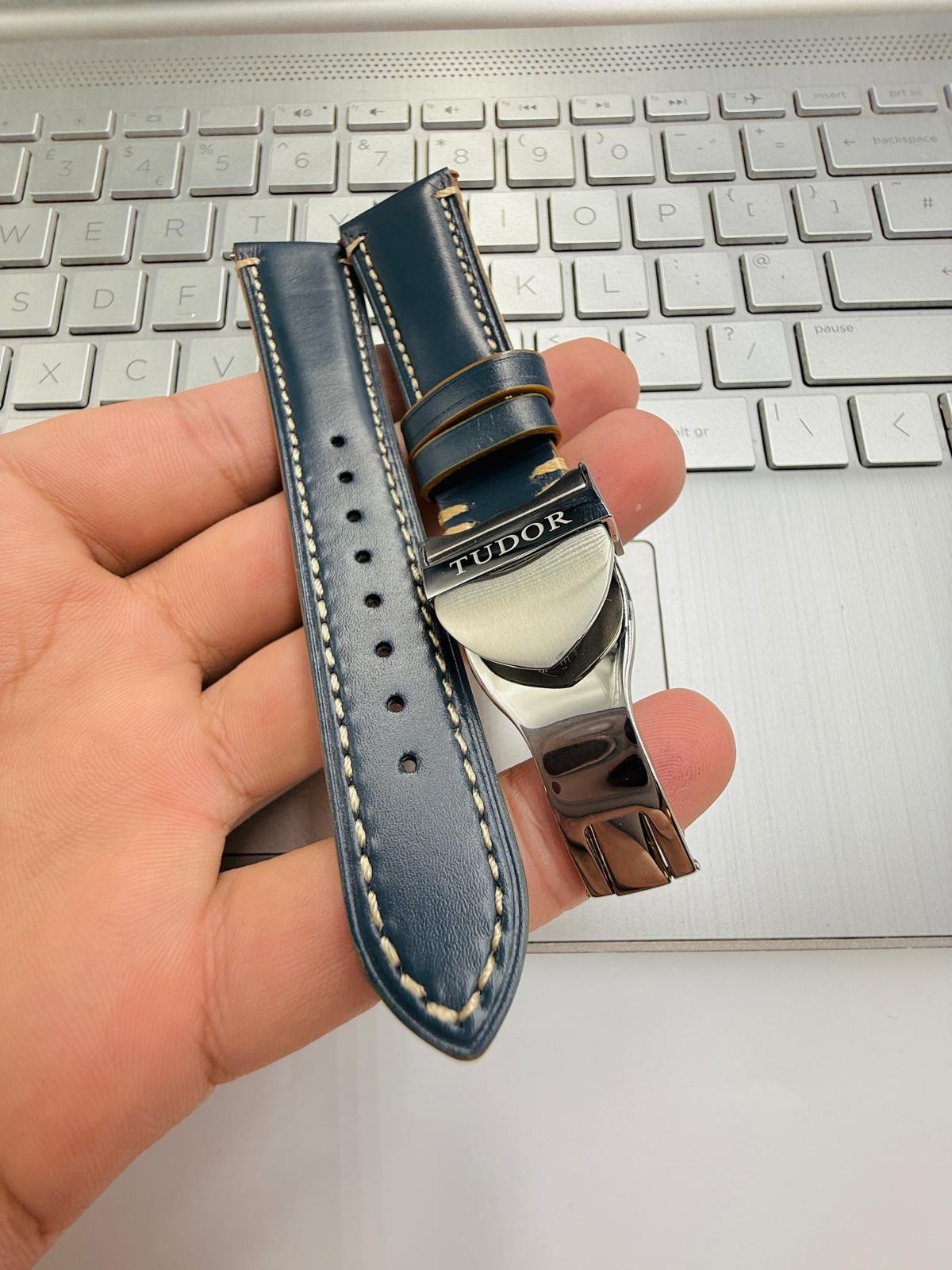 Tudor 22mm Dark Blue Leather Watch Strap With Silver Deployment Clasp Solid