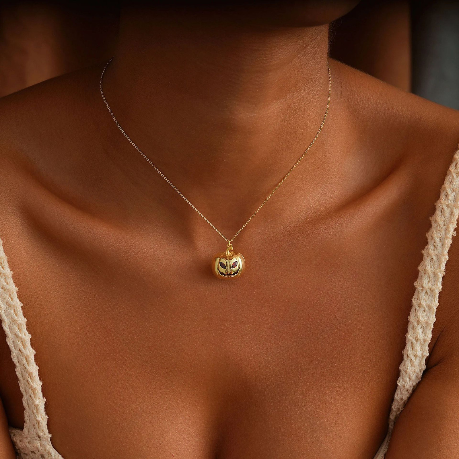 Pumpkin Pendant Gold Plated Cute Halloween Jewelry Spooky Charm Necklace Gift