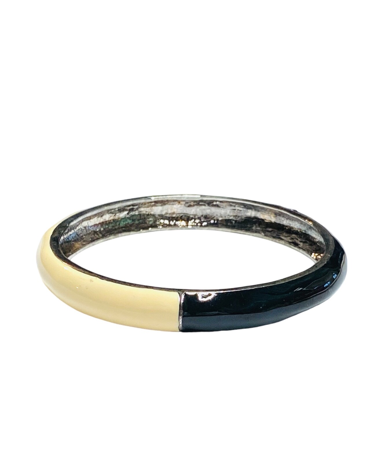 Vintage Black & Cream White Enamel Silver Tone Bangle Hinged Bracelet Clamper