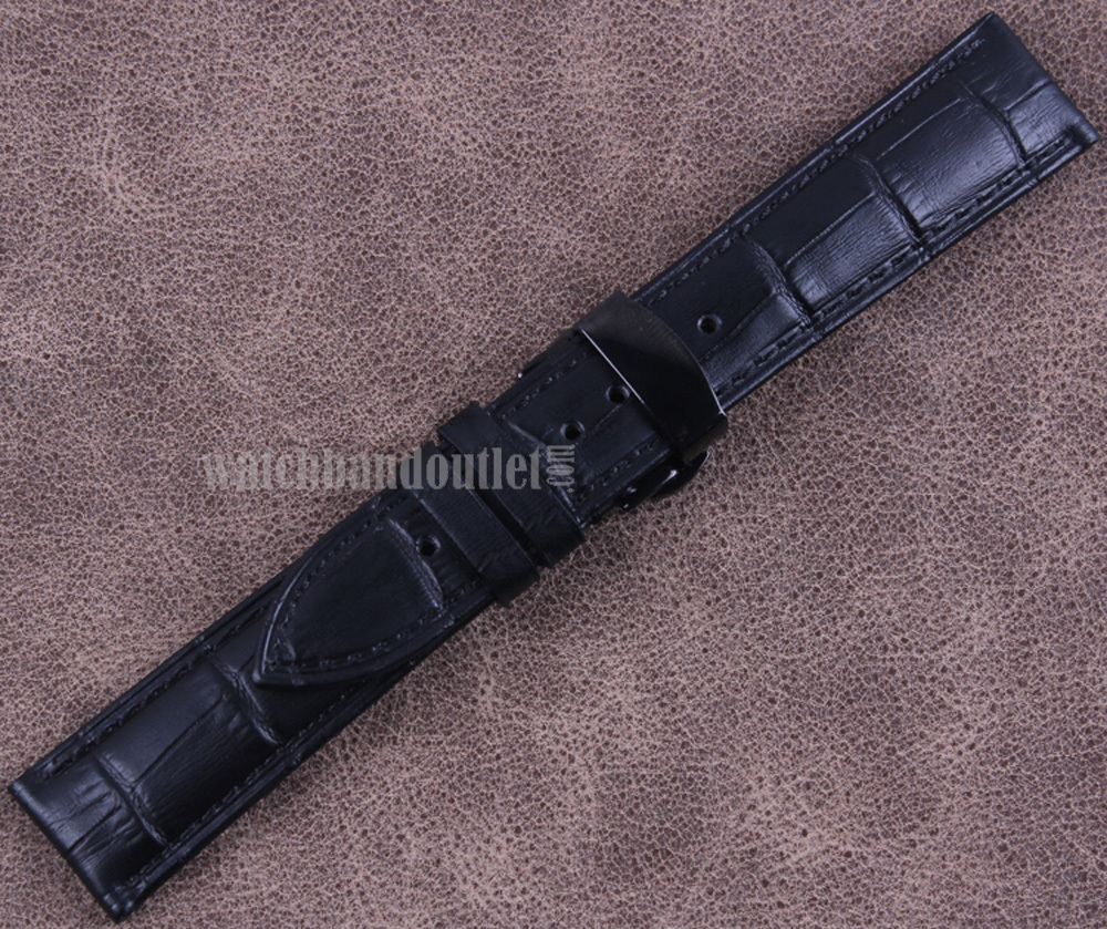 Black Genuine Leather Watch Band+Push Button Butterfly Deployant Clasp Buckle