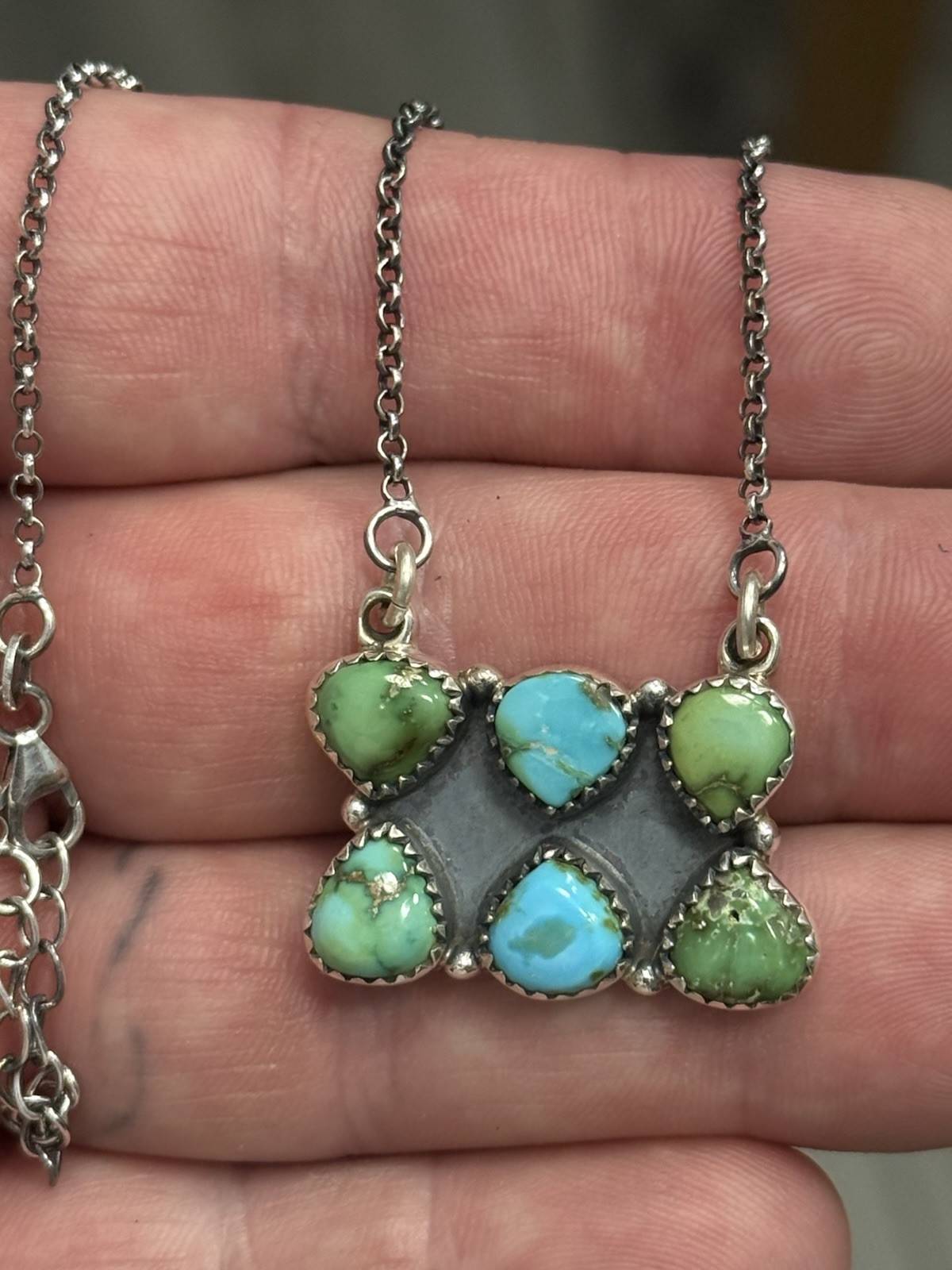 STERLING SILVER SONORAN GOLD TURQUOISE 2 ROW 6 STONE CLUSTER BAR NECKLACE .925