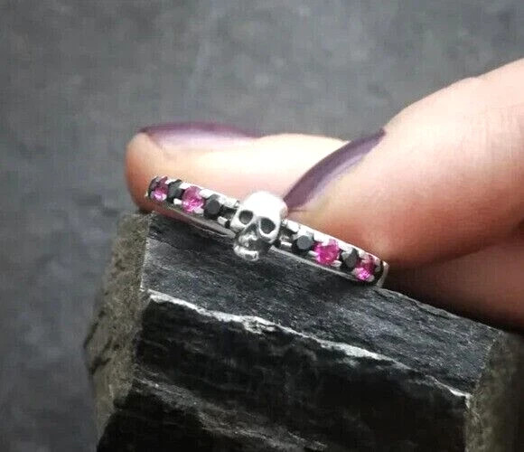 2 Ct Round Cut Simulated Pink Ruby Women’s Skull Band Ring 14K White Gold Plated
