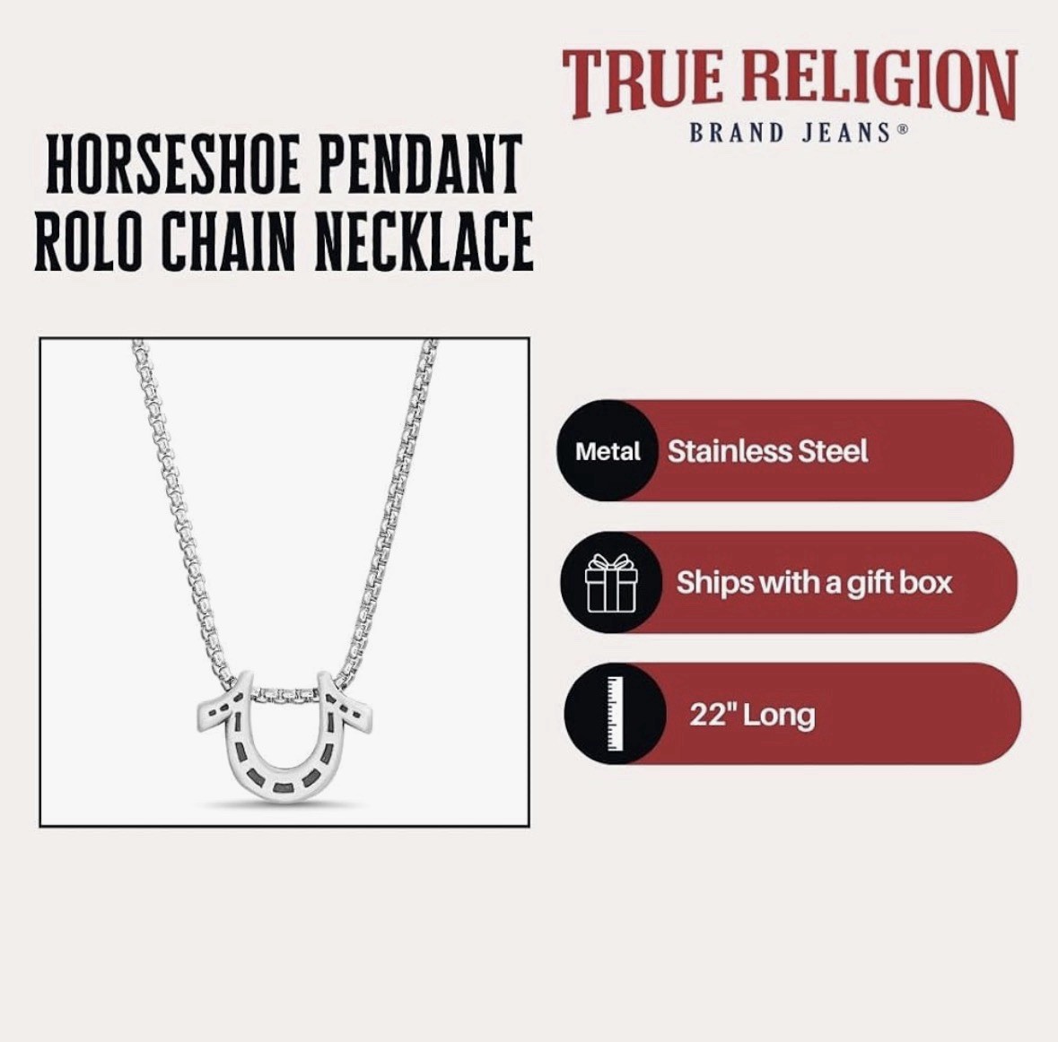 True Religion Horseshoe Pendant 22 Inch Long Rolo Chain Necklace for Men