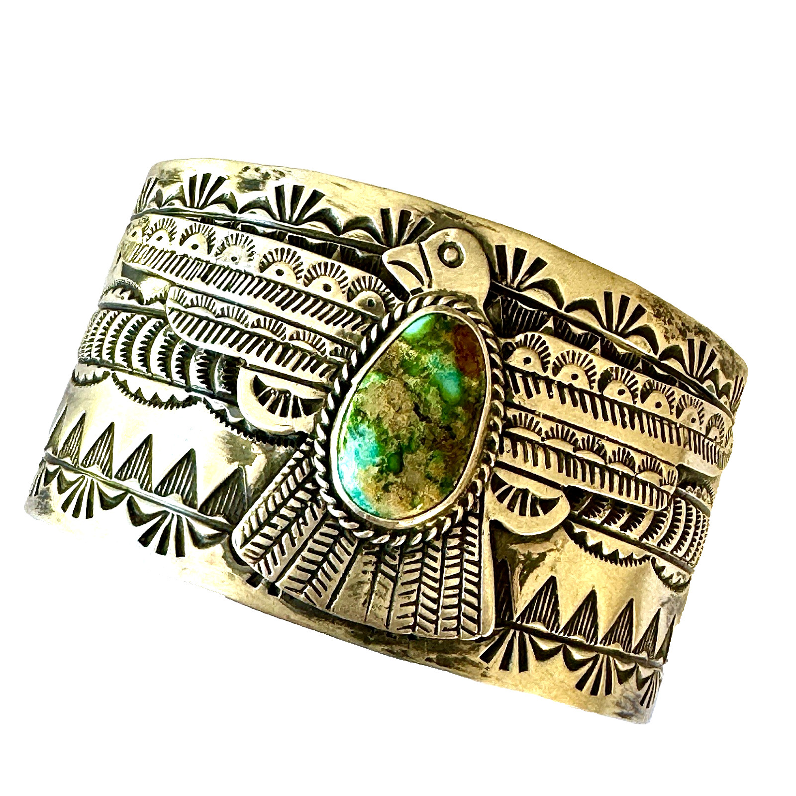 Wide Navajo Thunderbird Turquoise Cuff Bracelet 7in Charles Johnson 88g Stamped