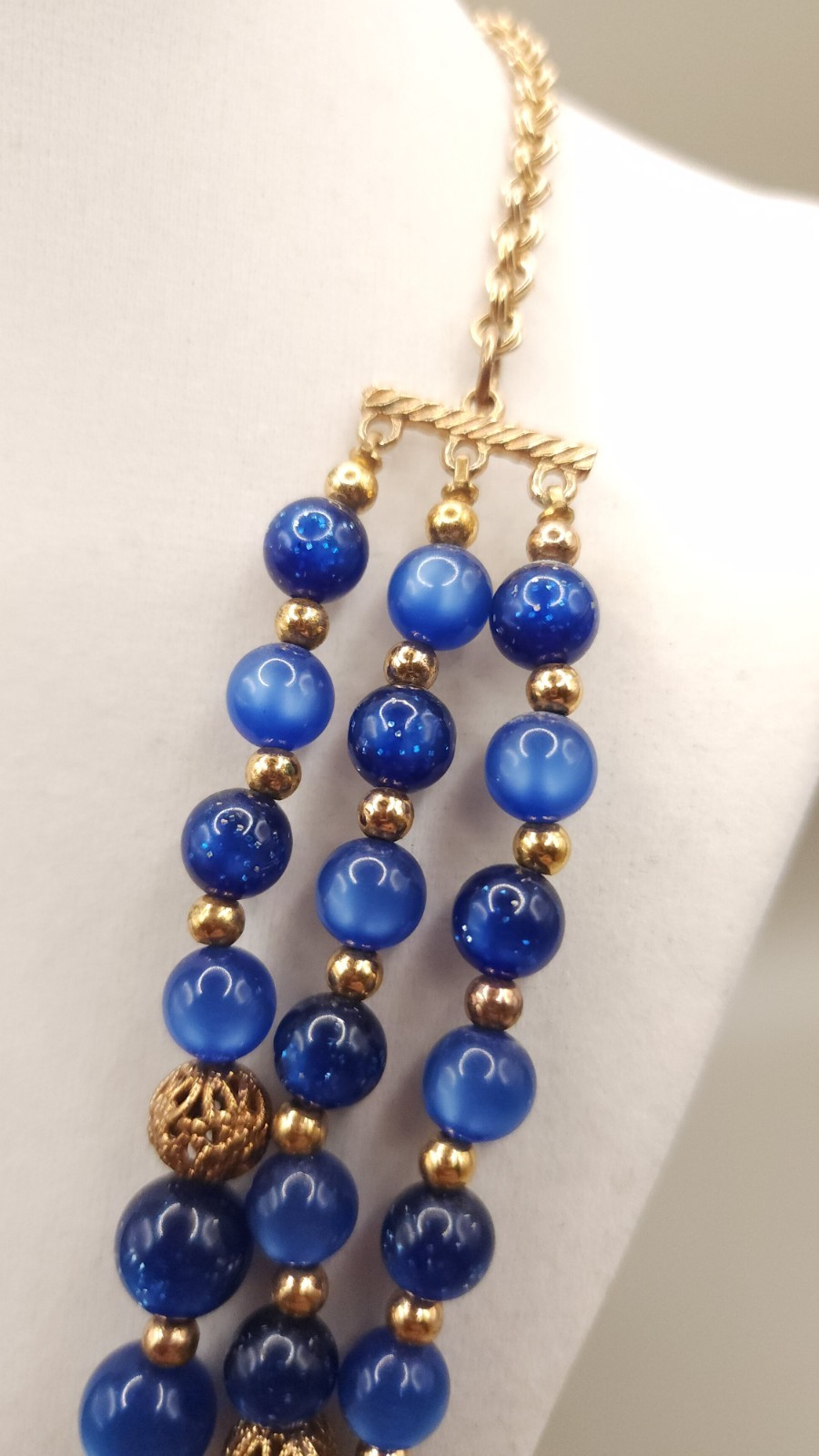 Vintage 1960s Blue Lucite Bead 3 Strand Statement Necklace Gold Filigree Chunky