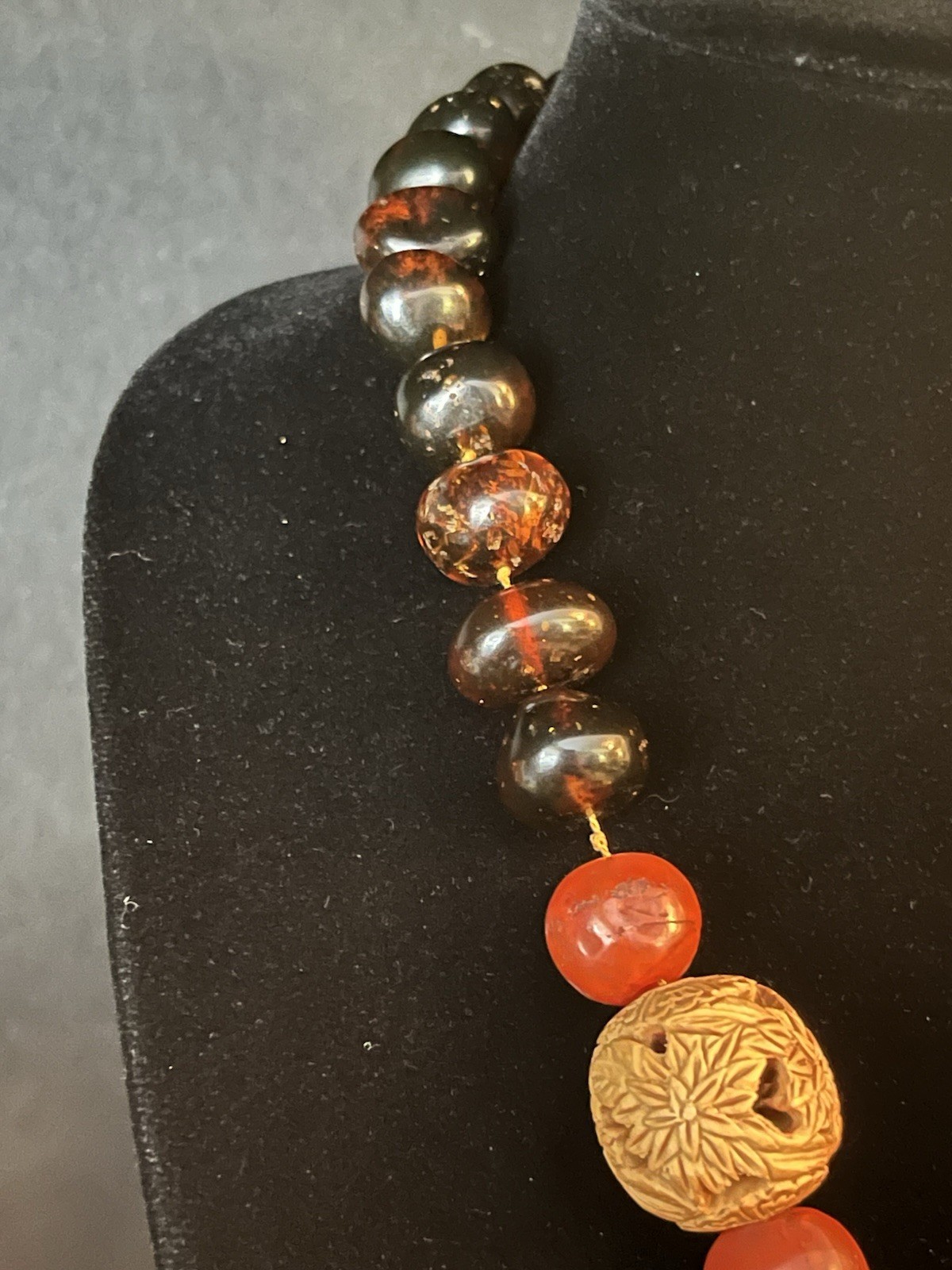 Baltic Amber Beaded Necklace Tied Nylon Cord with Carved Wood Frog/Floral Beads