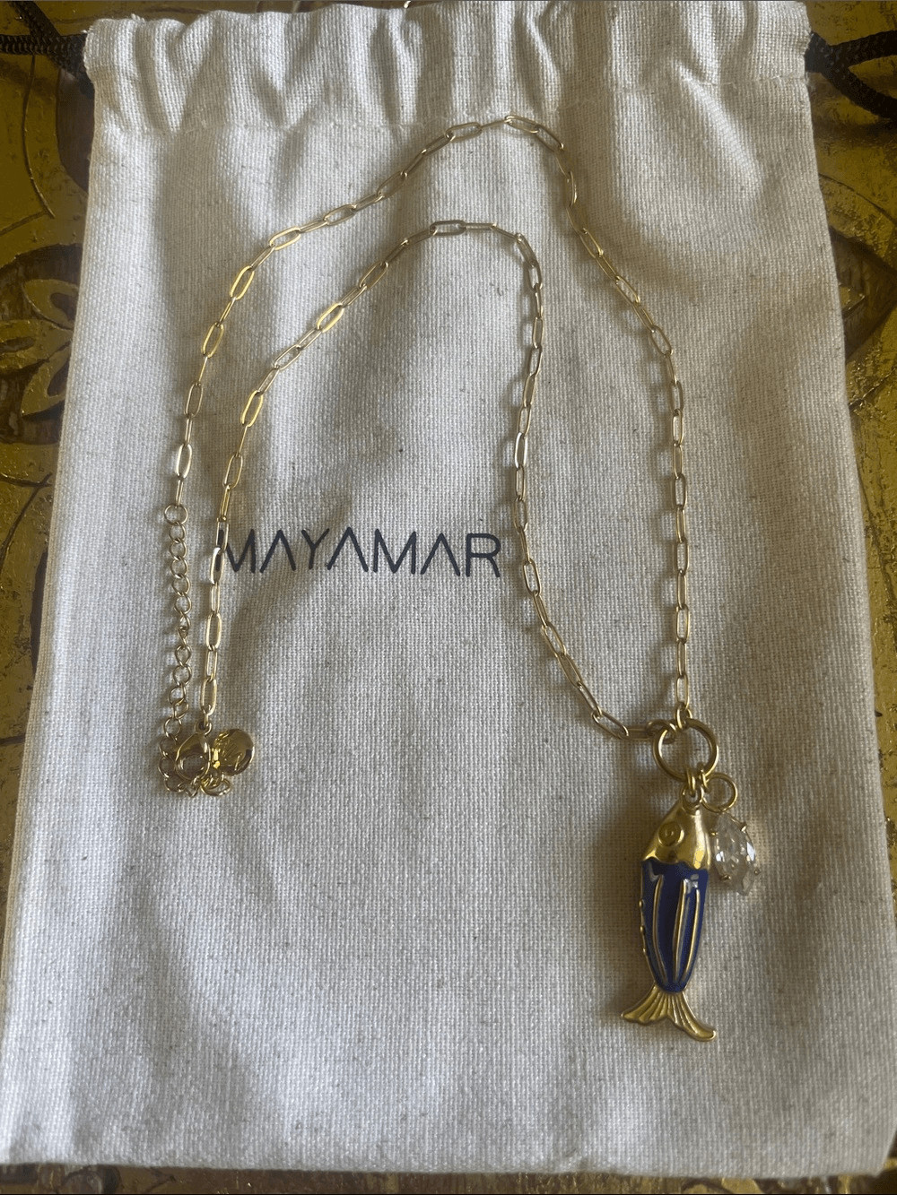 Mayamar Gold and Blue Fish Charm Paperclip Style Necklace