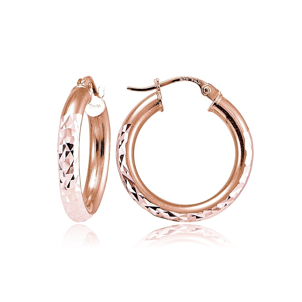 Rose Gold over Sterling Silver 3mm Diamond Cut Round Hoop Earrings, 25mm
