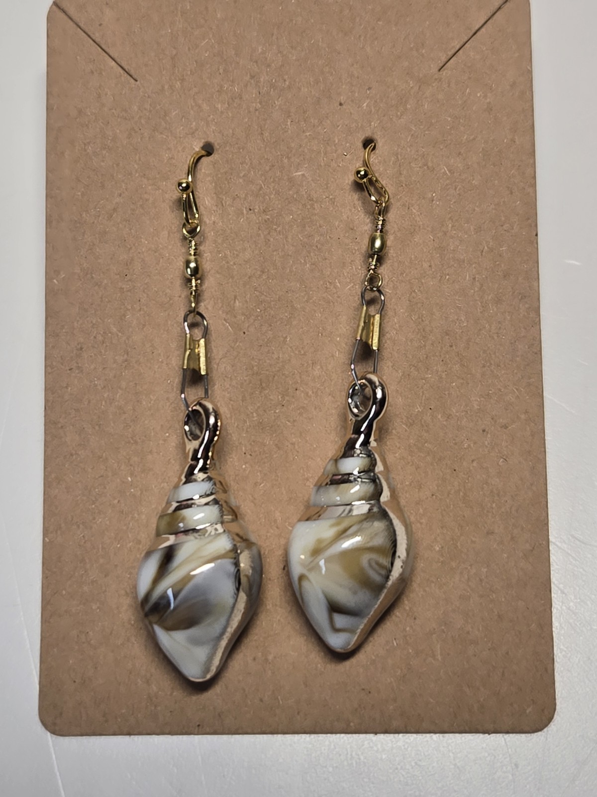 Handmade Seashell Dangle Earrings Gold Tone Boho Coastal Beachy Nautical Drop