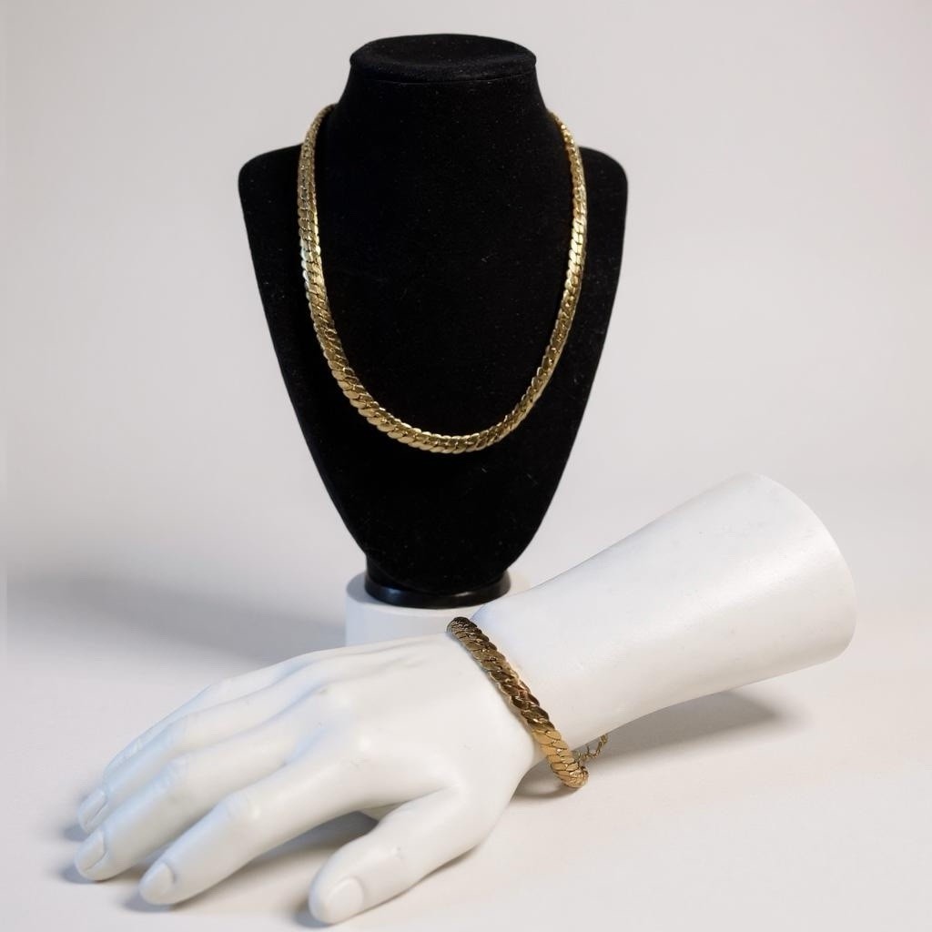 2 Pc Gold Tone Stainless Steel Necklace & Bracelet Set Collar Y Esclava Acero