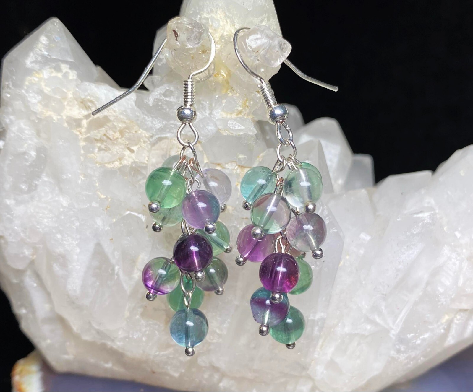 Gemstone Fluorite Grape Design 925 Silver Ear Hook Earrings