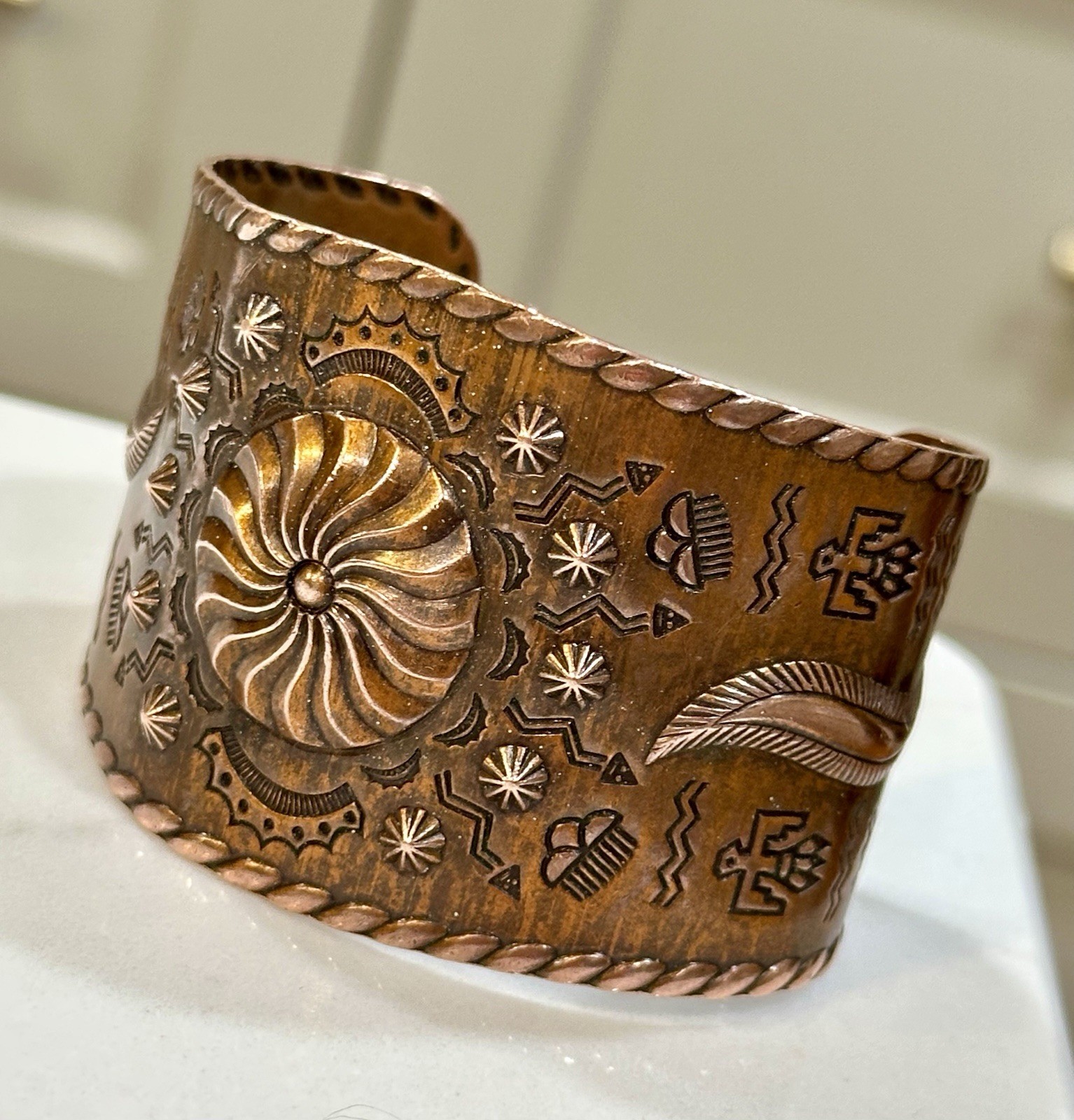 Fred Harvey Era/Native American Wide Copper Stamped Cuff/Bracelet. ~7”