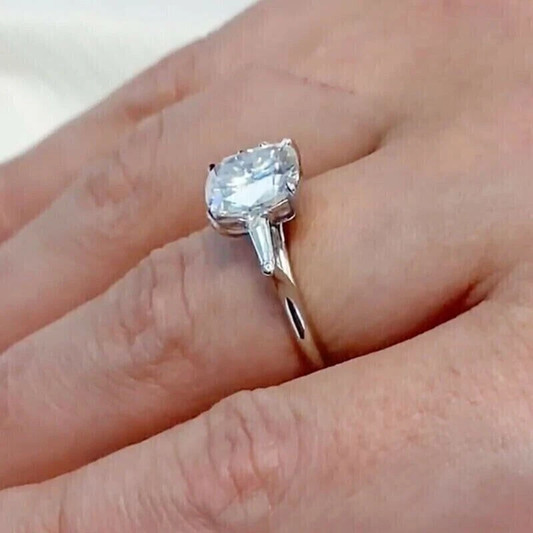 Moissanite Cushion Cut Three-Stone Women’s Engagement Ring 14K White Gold Plated