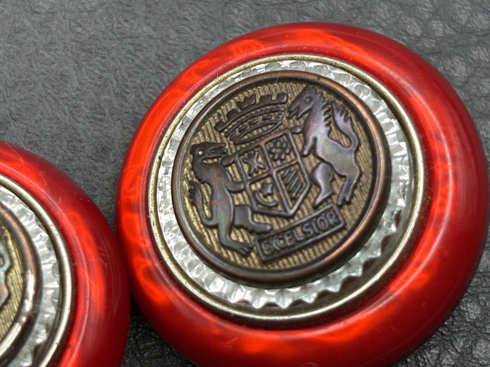 Vintage 80s Heraldic Coat of Arms Lion Shield Excelsior Rhinestone Red Earrings