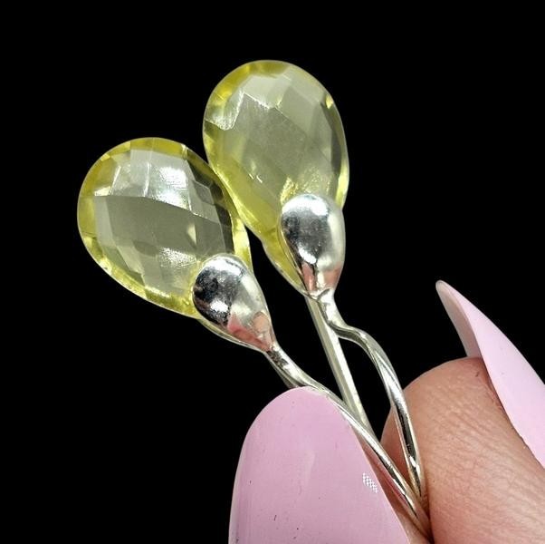 Teardrop Lemon Quartz Earrings, Checkerboard Faceted, Sterling Silver