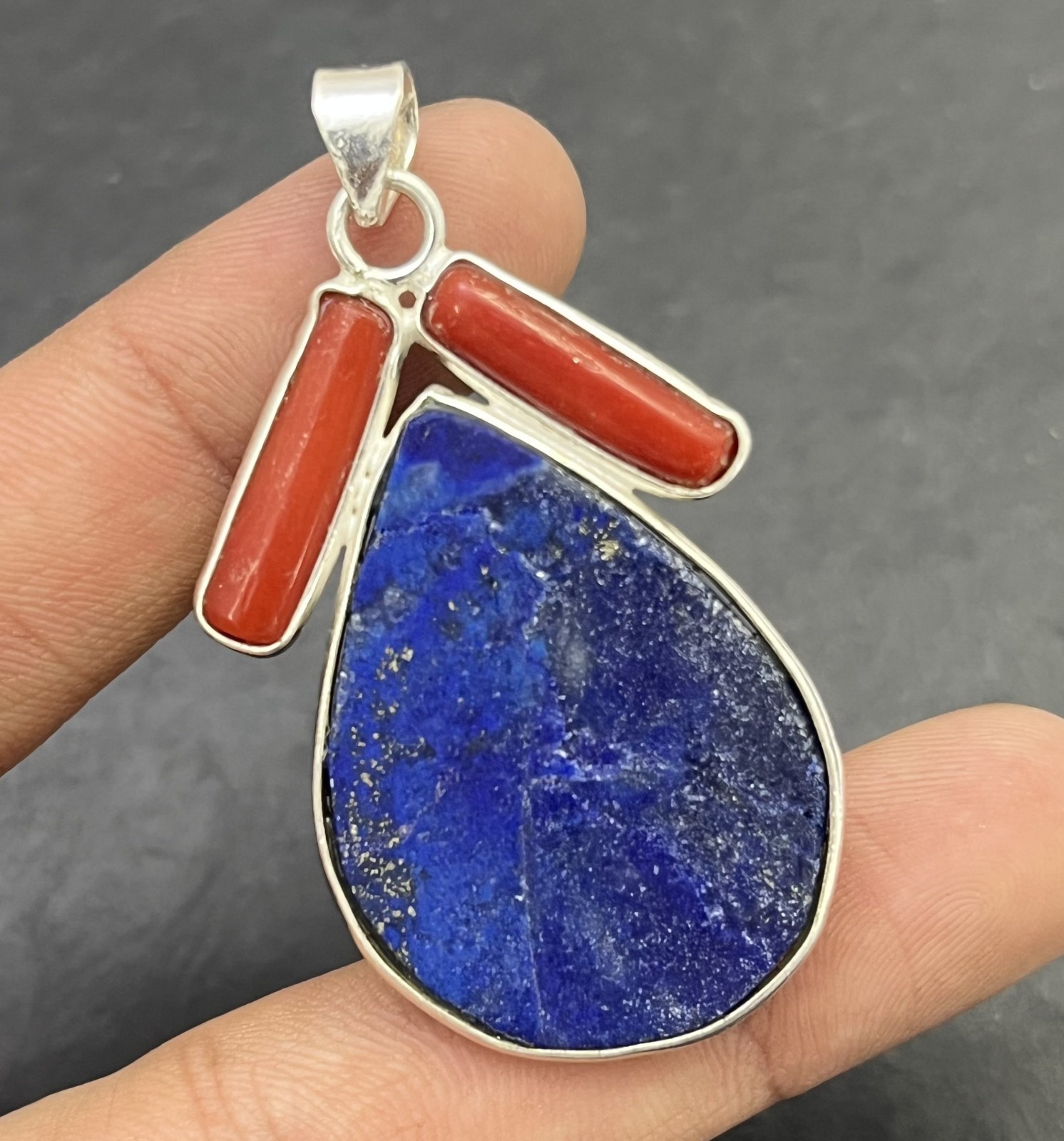 Natural Lapis Lazuli Raw Coral Pendant 925 Sterling Silver Boho Handmade Jewelry